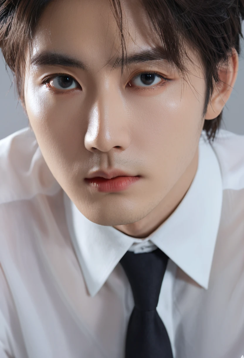 Official Art, Unity 8K wallpaper, Very detailed, beautiful, beautiful, masterpiece, best quality, White shirt, dark, atmosphere, mystery, crawl, literature, Art, Fashion, decorate, complex, Emotional Depth, supernatural,, 1 person, Solitary, male, (Korean idol face, Sharp eyeliner)