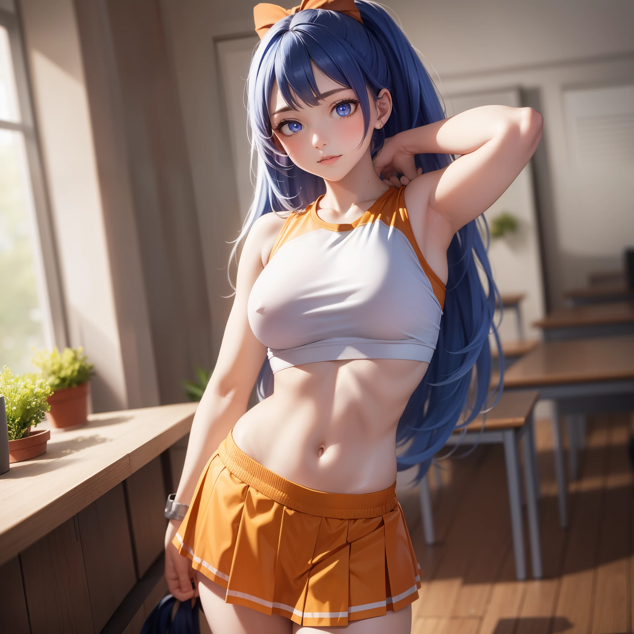 Highres, Masterpiece, Best quality at best,Best Quality,hight quality, hight detailed, 1girl, girl, nejire hadou, blue eyes, blue hair, long hair,
BREAK cheerleader, crop top, midriff, sweat, navel, orange skirt, pink footwear, (view from front), ponytail, skirt, (u.a. cheerleader uniform:1.5),
BREAK looking at viewer, upper body, close-up body,
BREAK indoors, classroom,
BREAK (masterpiece:1.2), best quality, high resolution, unity 8k wallpaper, (illustration:0.8), (beautiful detailed eyes:1.6), extremely detailed face, perfect lighting, extremely detailed CG, (perfect hands, perfect anatomy),