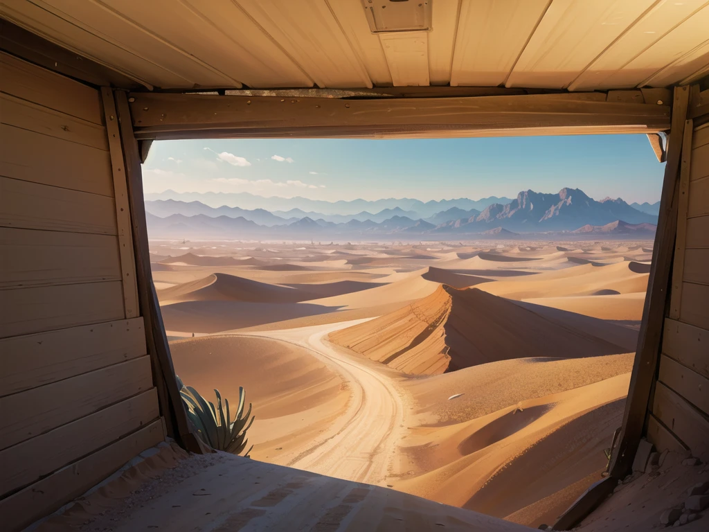 (desert :1.2),road ,(รถกระบะวิ่งบนroad:1.2) landscape:1.5 , There's a fire in the distance.