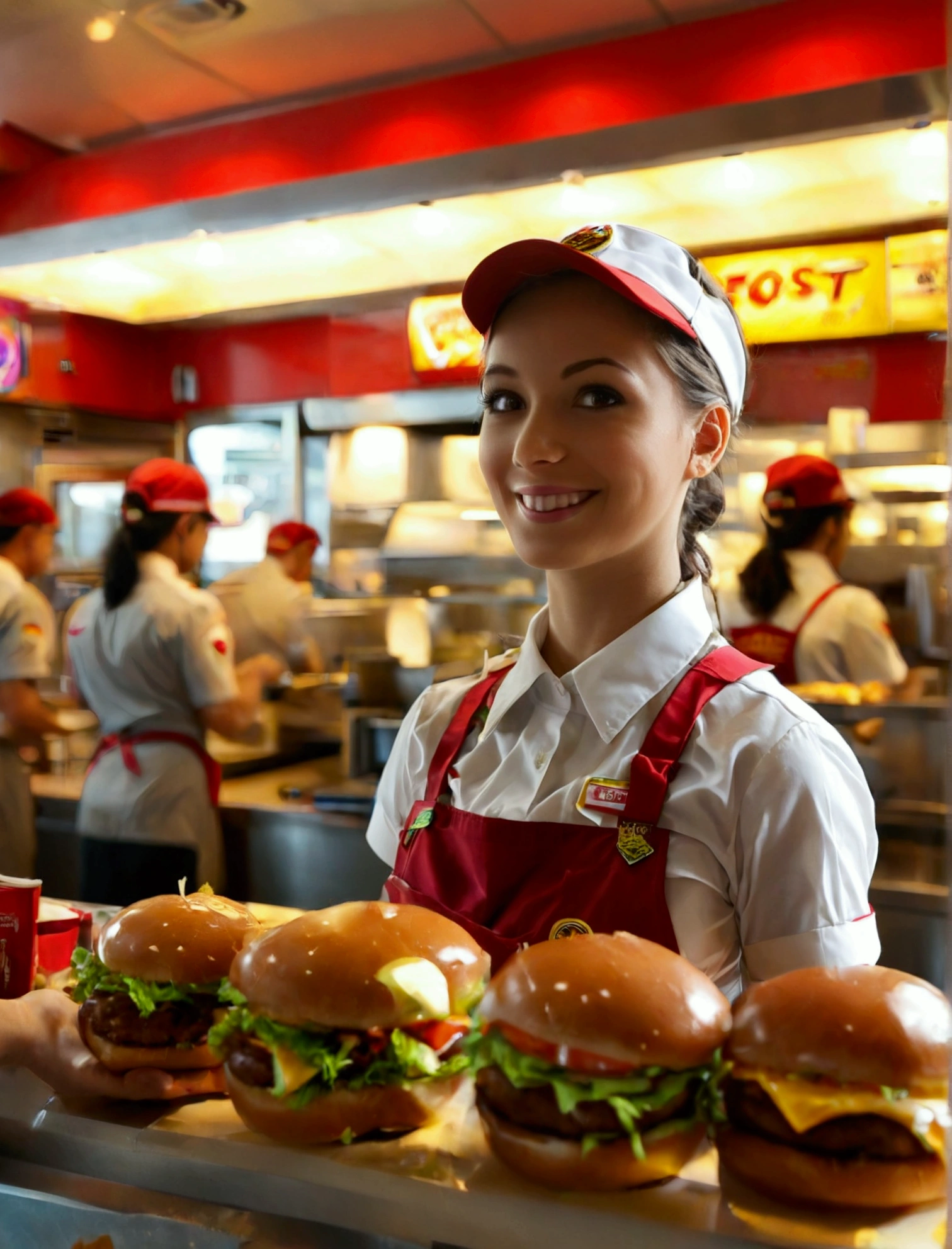 Aphotorealistic, ultra-detailed representation of a dedicated fast food worker serving customers behind the counter in an upper body shot. The individual, showcasing a genuine smile, is skillfully multitasking, handling various orders with precision and attention to detail. Their uniform, emblazoned with the familiar logos of the fast food chain, is worn neatly, and their hands move with dexterity as they assemble meals. The background is a blur of movement, customers lining up to place their orders. The scene is brightly lit, highlighting the worker's focused expression and the intricate mechanisms of the fast food assembly line. The image is shot in 8K UHD, breasts, giga_busty
