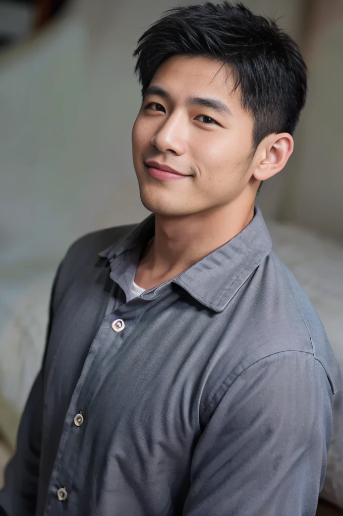 ((Highest quality, 8K, Masterpiece: 1.3))、Thailand Laos Burma Asia, Thai man, A handsome Asian rugby player with short hair, a muscular beard, and big muscles., １A man who has、 yo、Good appearance、Beautiful nose、smile、 Detailed eyes and face、beautiful light、(studio)、high resolution、（Look at the viewer.）、Fine mouth、smile、whole body: 1.5, perfect shape: 1.3, looking at camera ,Gray button-down shirt, ((bedroom)), sunlight looking at the field