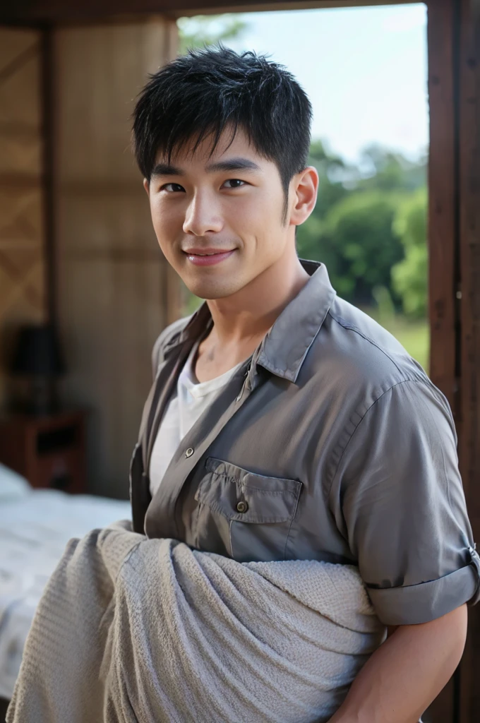((Highest quality, 8K, Masterpiece: 1.3))、Thailand Laos Burma Asia, Thai man, A handsome Asian rugby player with short hair, a muscular beard, and big muscles., 1A man who has、 yo、Good appearance、Beautiful nose、smile、 Detailed eyes and face、beautiful light、(studio)、high resolution、(Look at the viewer.)、Fine mouth、smile、whole body: 1.5, perfect shape: 1.3, looking at camera ,Gray button-down shirt, ((bedroom)), sunlight looking at the field