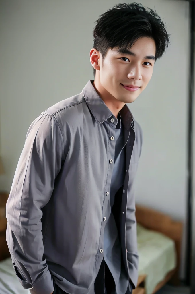 ((Highest quality, 8K, Masterpiece: 1.3))、Thailand Laos Burma Asia, Thai man, A handsome Asian rugby player with short hair, a muscular beard, and big muscles., １A man who has、 yo、Good appearance、Beautiful nose、smile、 Detailed eyes and face、beautiful light、(studio)、high resolution、（Look at the viewer.）、Fine mouth、smile、whole body: 1.5, perfect shape: 1.3, looking at camera ,Gray button-down shirt, ((bedroom)), sunlight looking at the field