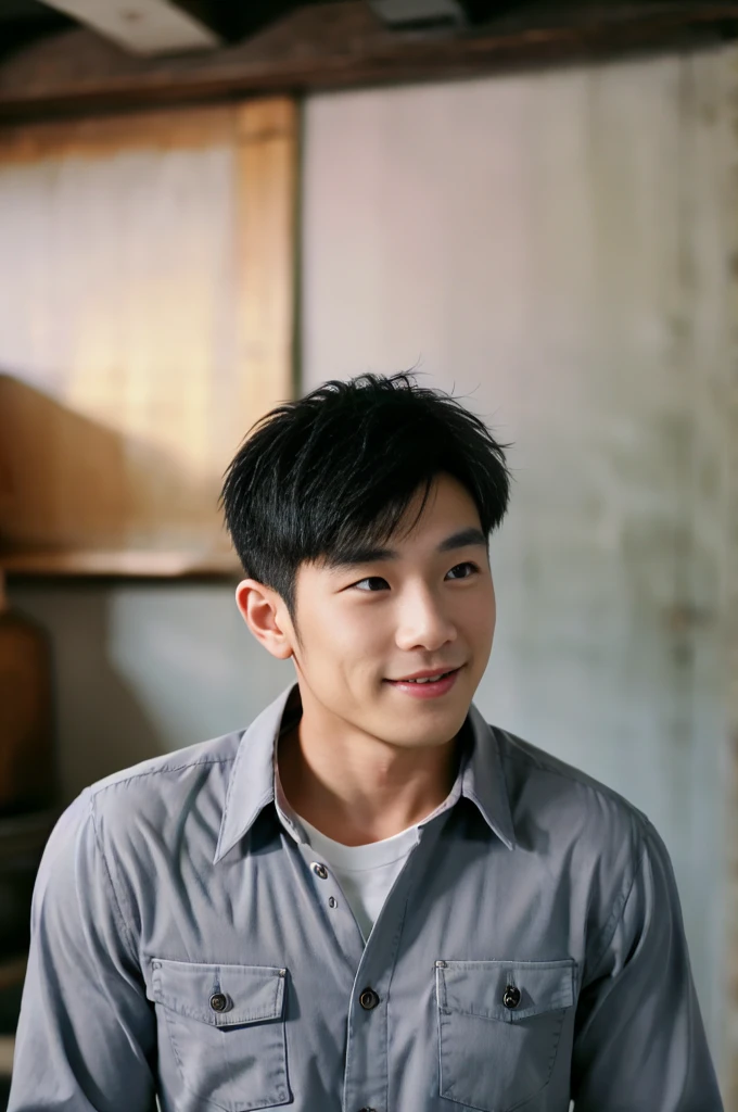 ((Highest quality, 8K, Masterpiece: 1.3))、Thailand Laos Burma Asia, Thai man, A handsome Asian rugby player with short hair, a muscular beard, and big muscles., 1A man who has、 yo、Good appearance、Beautiful nose、smile、 Detailed eyes and face、beautiful light、(studio)、high resolution、(Look at the viewer.)、Fine mouth、smile、whole body: 1.5, perfect shape: 1.3, looking at camera ,Gray button-down shirt, ((bedroom)), sunlight looking at the field