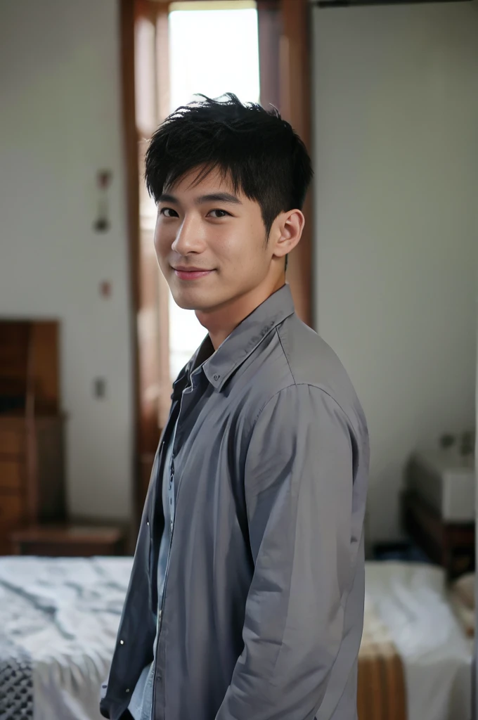 ((Highest quality, 8K, Masterpiece: 1.3))、Thailand Laos Burma Asia, Thai man, A handsome Asian rugby player with short hair, a muscular beard, and big muscles., 1A man who has、 yo、Good appearance、Beautiful nose、smile、 Detailed eyes and face、beautiful light、(studio)、high resolution、(Look at the viewer.)、Fine mouth、smile、whole body: 1.5, perfect shape: 1.3, looking at camera ,Gray button-down shirt, ((bedroom)), sunlight looking at the field