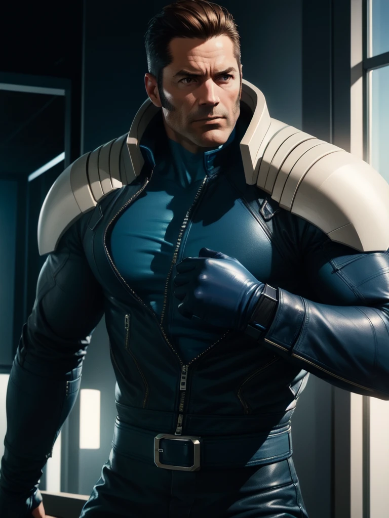 40 year old man, alone, strong, muscular, short brown hair, blue clothes, wears blue gloves, high resolution, perfect image, very detailed, high contrast, digital colors, simple, medium shot, cinematic, ultra sharp focus, Award-winning photography, perfect contrast, high sharpness, depth of field, ultra-detailed photography. global illumination, fluid, ultra high definition, 8k, Unreal Engine 5, ultra sharp focus, award-winning photography, Art Season Trends,