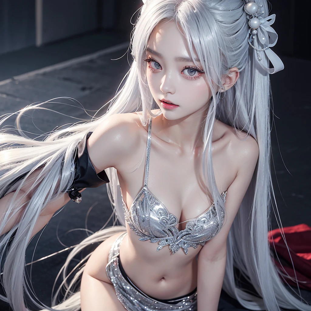 TWICE tzuyu,Korean beauty, silvery white hair, long hair, small face, fair skin, narrow eyes, slanted eyes, slender, big breasts, sex appeal, lustrous, mature