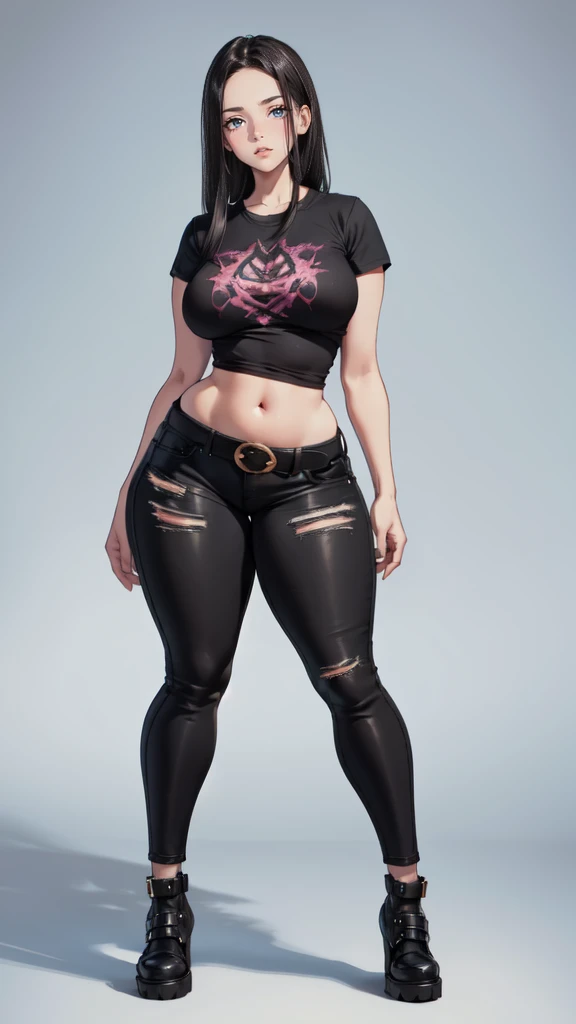 blank background, (((full body))), (masterpiece), ((best quality)), ((tall girl)), straight hair (curvy:1.5), (punk girl), shoes, belt below navel, black hair, wide hips, (black jeans), (short sleeves), arm tattoo