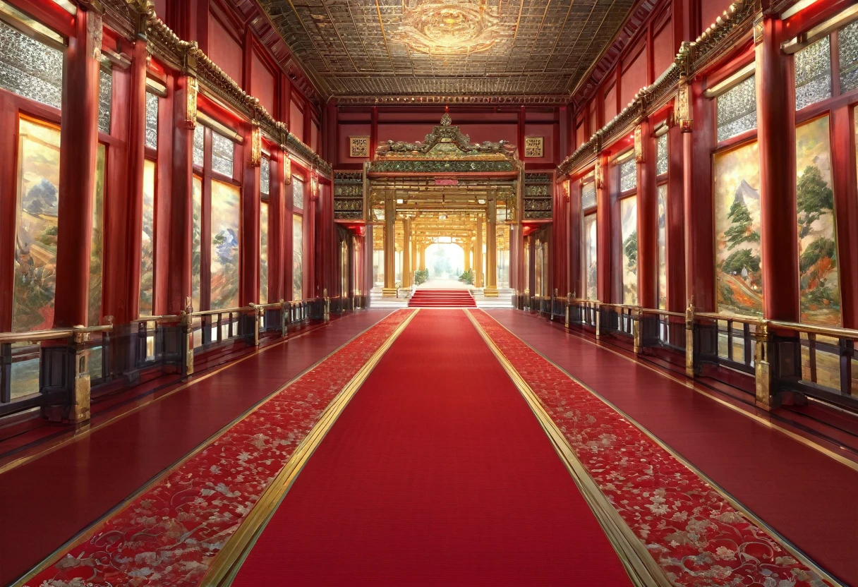red carpet, walkway in the middle, golden palace, red lighting, HDR, 4k resolution, (painting realistic : 1.3), (ultra high resolution: 1.0 ), (((best quality, 8 thousand, masterpiece:1.4))