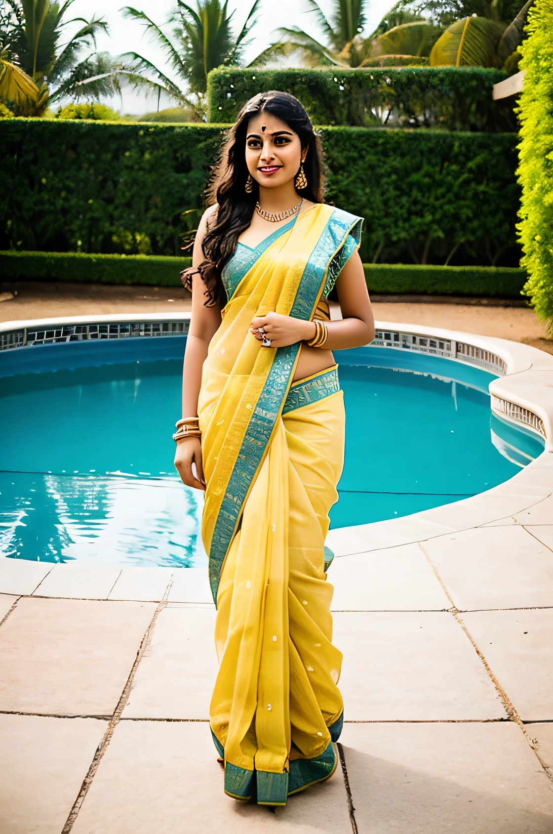 23 year old Indian woman standing near a pool being saree 
