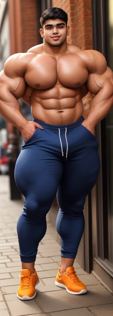 4 meter tall slightly overweight indian men. 20 years old. Childish Young hairless fresh face. In london with friend. Very sexy Posing for camera. Muscular. Wearing a henley and tight sweat pants. Big ass. Smooth body and face. Belly seen. Long long legs.
