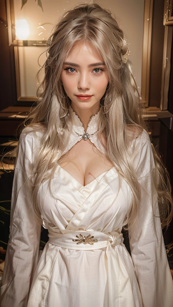 a beautiful detailed woman with long white hair, snowy hair, medium breasts, looking at the viewer, (detailed face), high resolution, photorealistic, Taoist, beautiful smile, open mouth