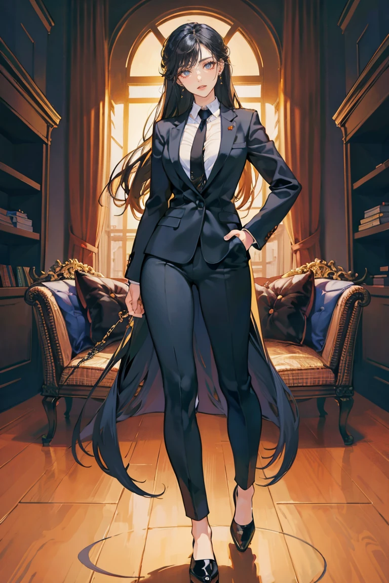 (masterpiece), best quality, seductive eyes, perfect face, handsome woman, brown eyes, long tied black hair, long nose, tan brown skin, business suit, black necktie, extremely tall woman, long legs, long calves, full body, tall woman, long legs, big , anime cover, 1girl, ear piercings, hands in pockets, adult-like look, cafe background