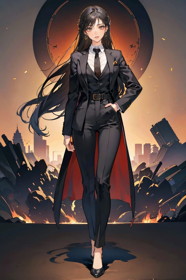 (masterpiece), best quality, seductive eyes, perfect face, handsome woman, brown eyes, long tied black hair, long nose, tan brown skin, business suit, black necktie, extremely tall woman, long legs, long calves, full body, tall woman, long legs, big , anime cover, 1girl, ear piercings, hands in pockets, adult-like look, cafe background