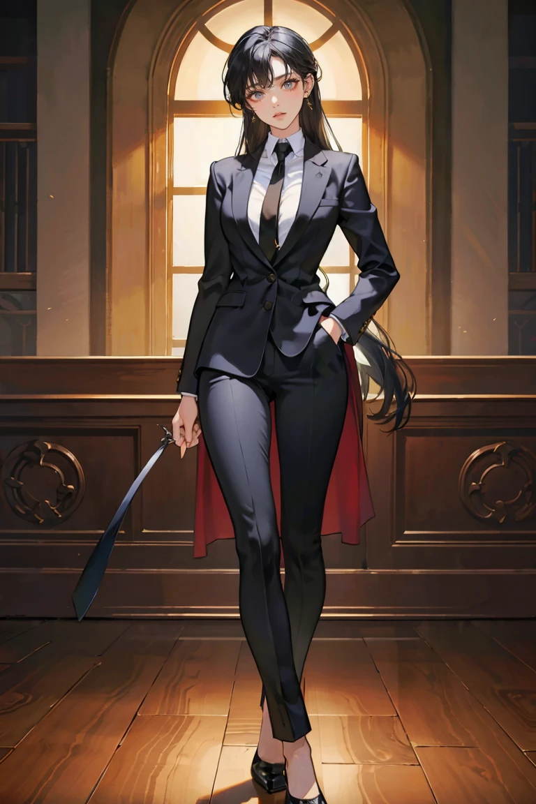 (masterpiece), best quality, seductive eyes, perfect face, handsome woman, brown eyes, long tied black hair, long nose, tan brown skin, business suit, black necktie, extremely tall woman, long legs, long calves, full body, tall woman, long legs, big , anime cover, 1girl, ear piercings, hands in pockets, adult-like look, cafe background
