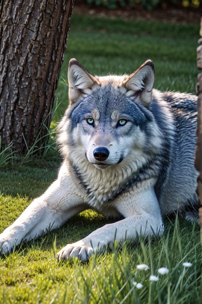 Blue eyed wolf,sun beam,cliff snow,detailed,high quality,Green Green grass