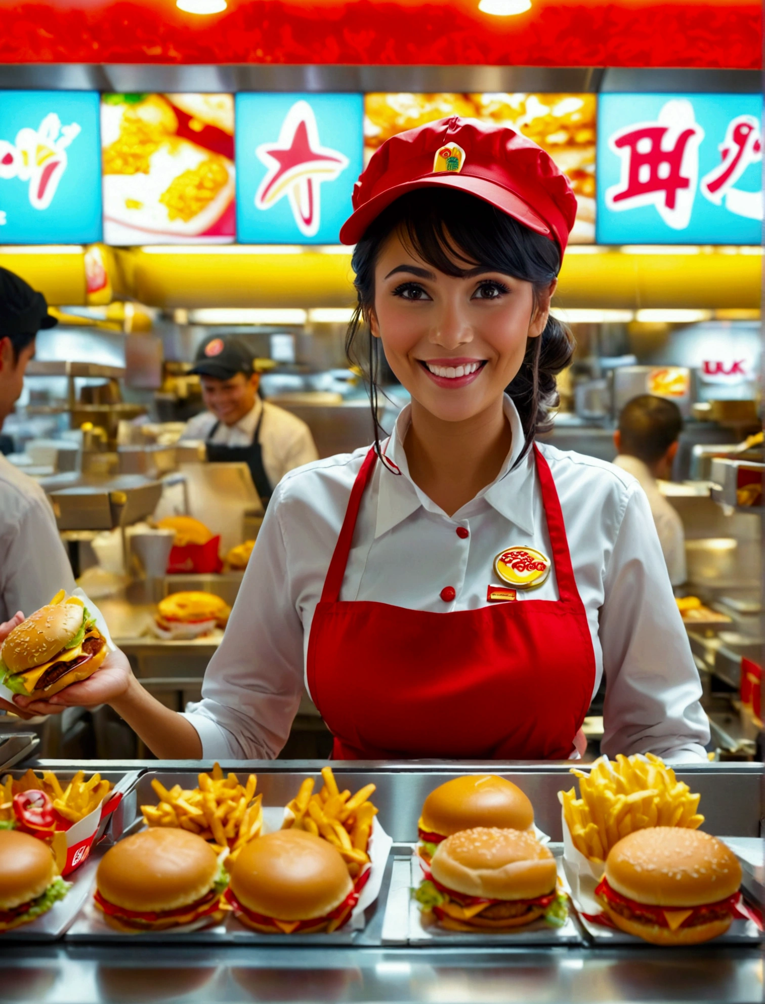 Beautiful McDonald's Employee:

In a striking red and yellow uniform, a radiant young woman stands, showcasing her radiant smile. Her skin is naturally glowing, highlighting her youthful charm. She adopts a poised pose, exuding confidence and warmth. This image is of the highest quality, a true masterpiece in digital art, worthy of being an NFSW 8K wallpaper. The details are astonishing, from the intricate patterns on her uniform to the individual strands of her wavy, honey-blond hair. The background is simple, allowing her to truly stand out. This is an Official art, meticulously crafted in Unity, showcasing an