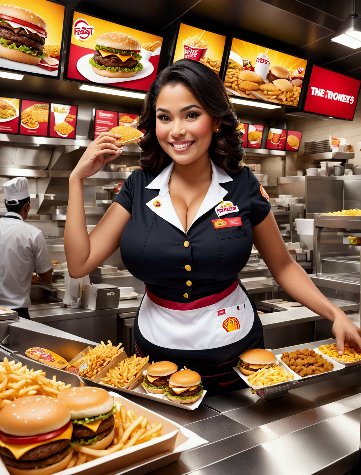 Beautiful McDonald's Employee:

In a striking red and yellow uniform, a radiant young woman stands, showcasing her radiant smile. Her skin is naturally glowing, highlighting her youthful charm. She adopts a poised pose, exuding confidence and warmth. This image is of the highest quality, a true masterpiece in digital art, worthy of being an NFSW 8K wallpaper. The details are astonishing, from the intricate patterns on her uniform to the individual strands of her wavy, honey-blond hair. The background is simple, allowing her to truly stand out. This is an Official art, meticulously crafted in Unity, showcasing an