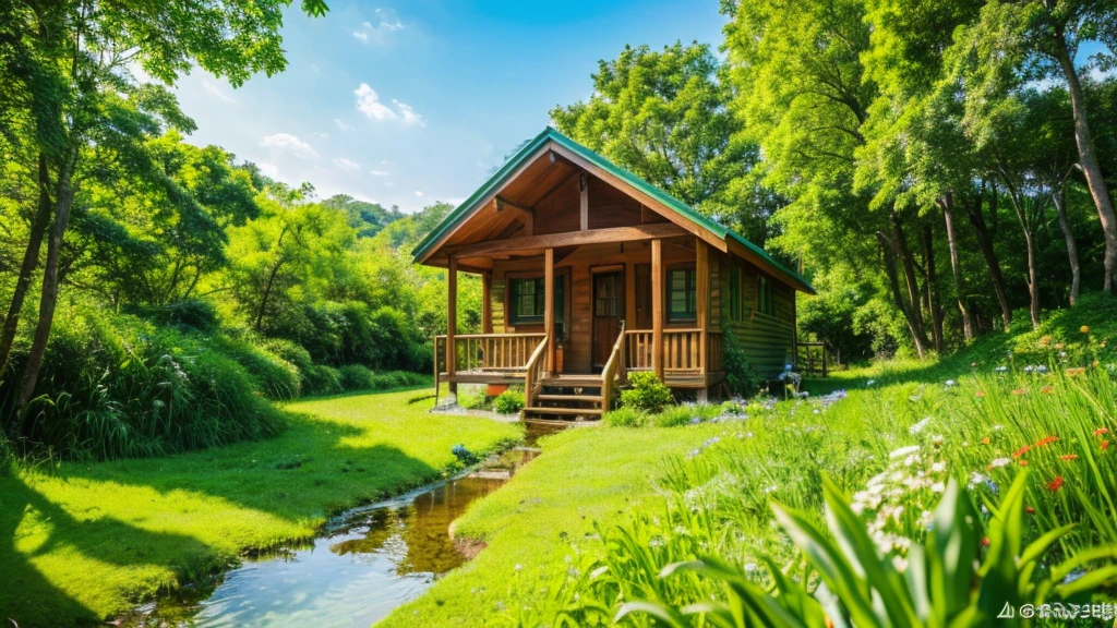 images through 8k lens, Stunningly beautiful nature, Small wooden house next to the stream, clear water, Rows of lush green trees, Lush green grass, clear blue sky, golden sunlight. High image quality, clear details, reality, lively. Fresh green color scheme.