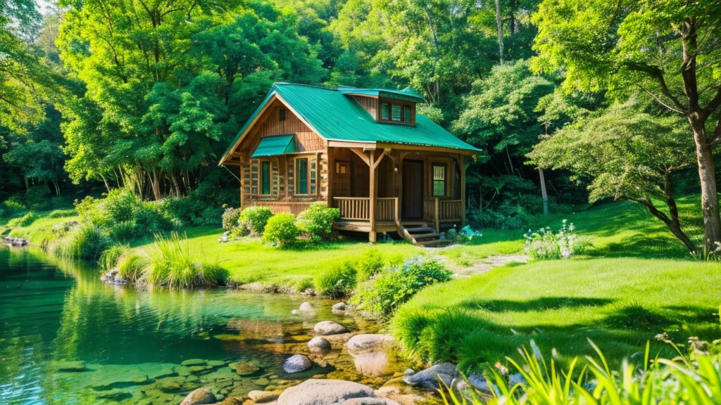 images through 8k lens, Stunningly beautiful nature, Small wooden house next to the stream, clear water, Rows of lush green trees, Lush green grass, clear blue sky, golden sunlight. High image quality, clear details, reality, lively. Fresh green color scheme.