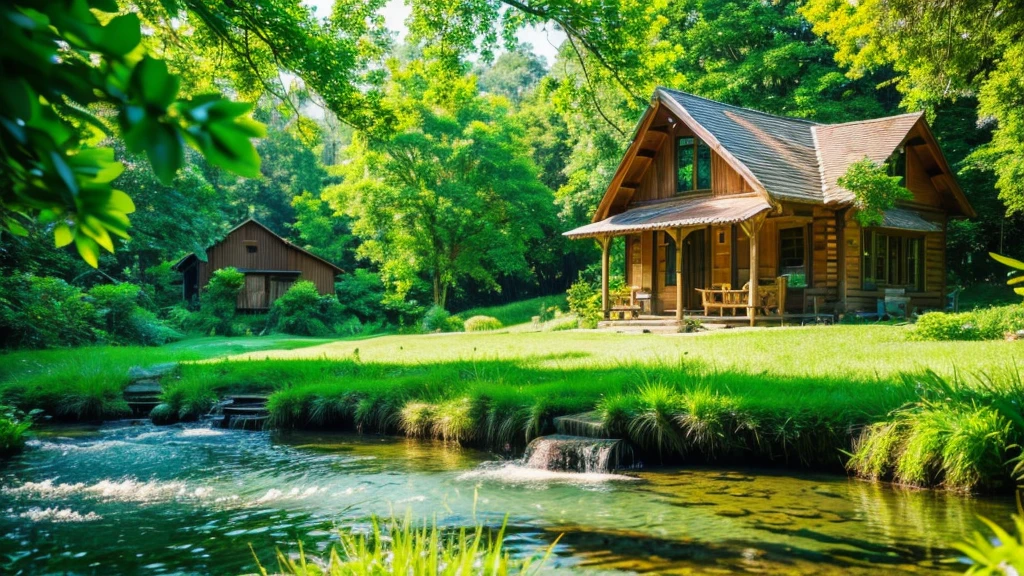 images through 8k lens, Stunningly beautiful nature, Small wooden house next to the stream, clear water, Rows of lush green trees, Lush green grass, clear blue sky, golden sunlight. High image quality, clear details, reality, lively. Fresh green color scheme.