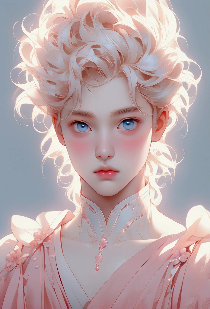 beautiful blonde hair boy, light blue eyes, White skin, delicate features of the face, pink lips , slim build.
