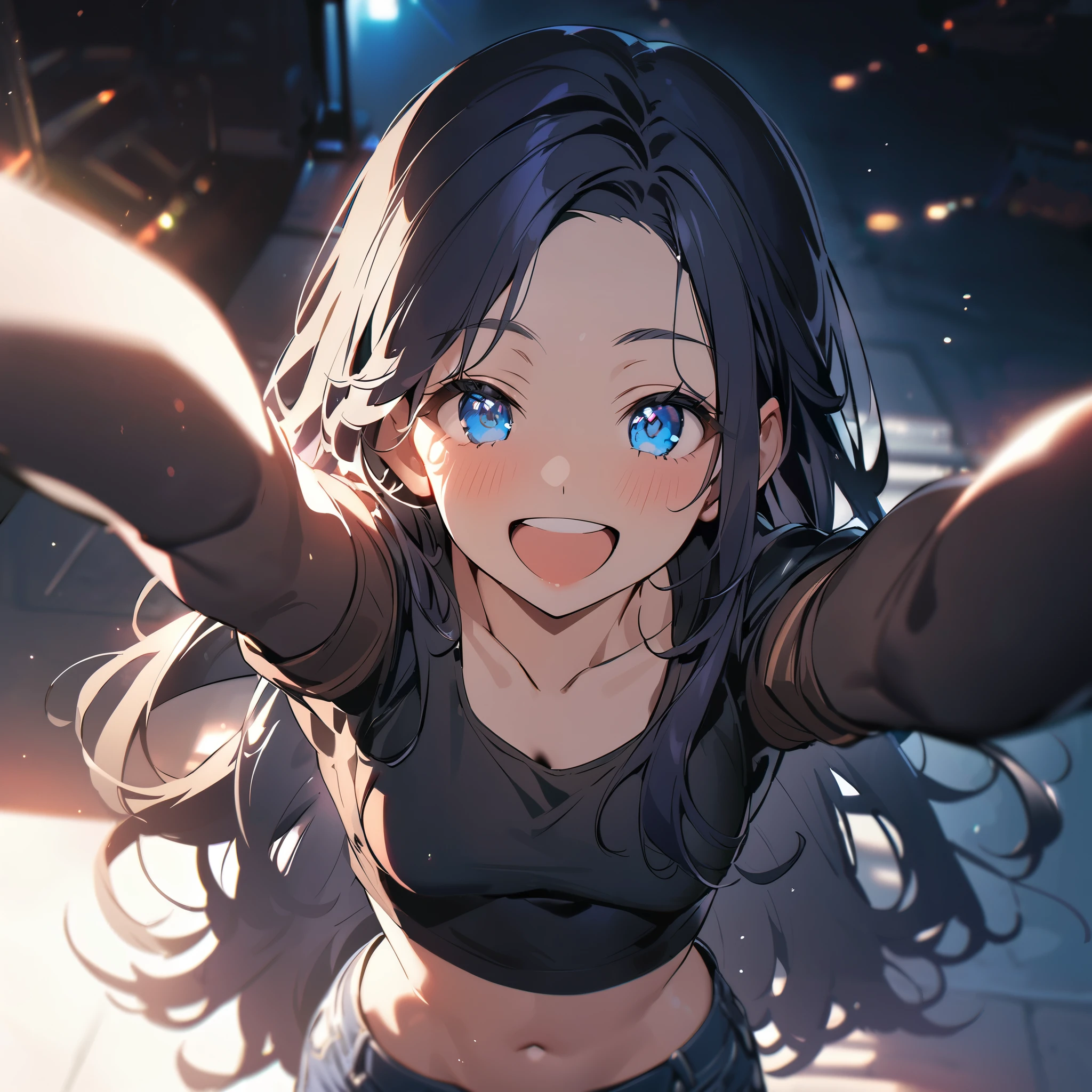 1 Girl, Long Hair, Black Hair, Straight hair, Short bangs above the eyebrows, blue eyes, close your eyes, Open your mouth, smile, Outstretched arms,
break (masterpiece), (High resolution 8k), Cinema Lighting, Professional Lighting, Detailed eyes and face, Detailed body, 
break midriff top, From above, sunlight, Outdoor, 