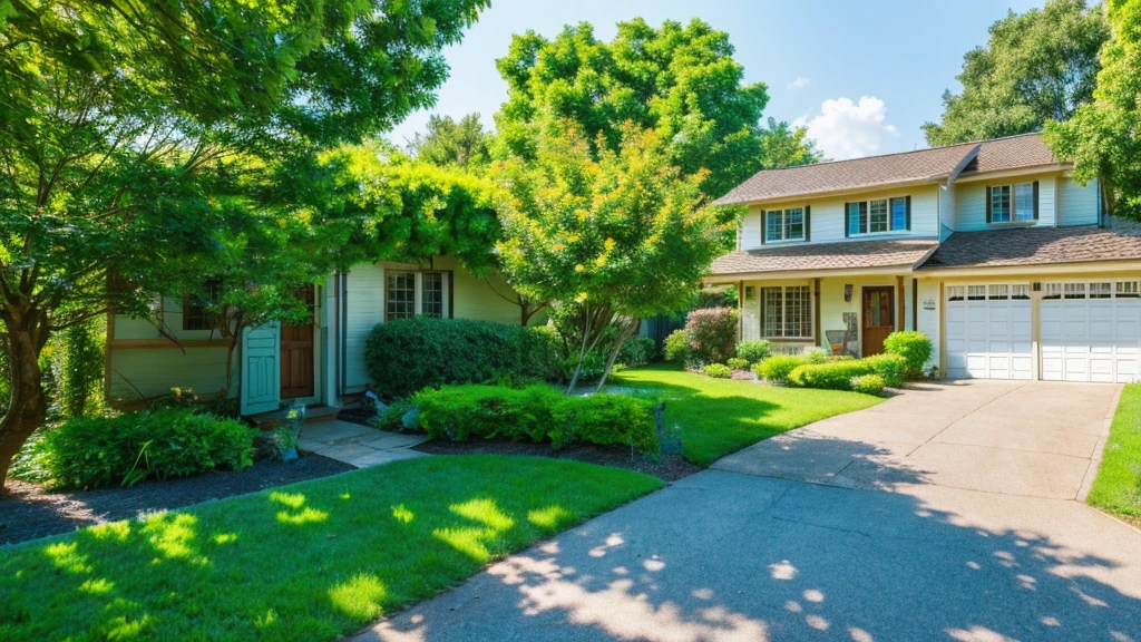 Images through the 8K lens capture stunningly beautiful nature, with a house located next to a clear blue stream. Lush green trees surround the house, lush green grass stretches under the golden sunlight, creating a peaceful and quiet scene. The clear blue sky, without a single cloud, highlights the natural beauty. High image quality with clear, realistic and vivid details, fresh green color scheme, creating a feeling of freshness and vitality.