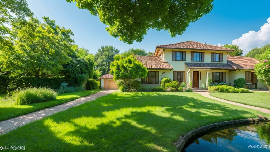 Images through the 8K lens capture stunningly beautiful nature, with a house located next to a clear blue stream. Lush green trees surround the house, lush green grass stretches under the golden sunlight, creating a peaceful and quiet scene. The clear blue sky, without a single cloud, highlights the natural beauty. High image quality with clear, realistic and vivid details, fresh green color scheme, creating a feeling of freshness and vitality.
