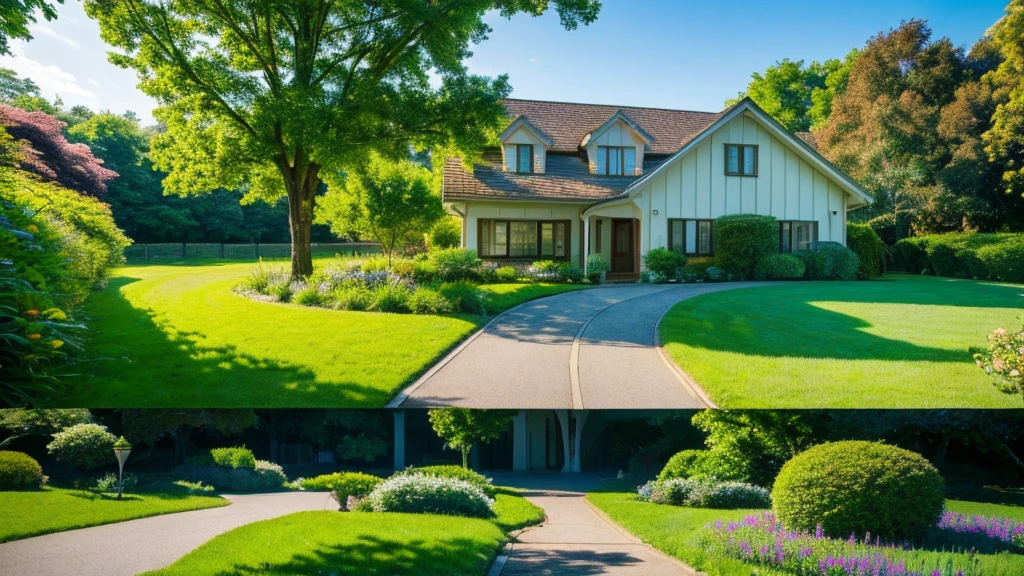 Images through the 8K lens capture stunningly beautiful nature, with a house located next to a clear blue stream. Lush green trees surround the house, lush green grass stretches under the golden sunlight, creating a peaceful and quiet scene. The clear blue sky, without a single cloud, highlights the natural beauty. High image quality with clear, realistic and vivid details, fresh green color scheme, creating a feeling of freshness and vitality.