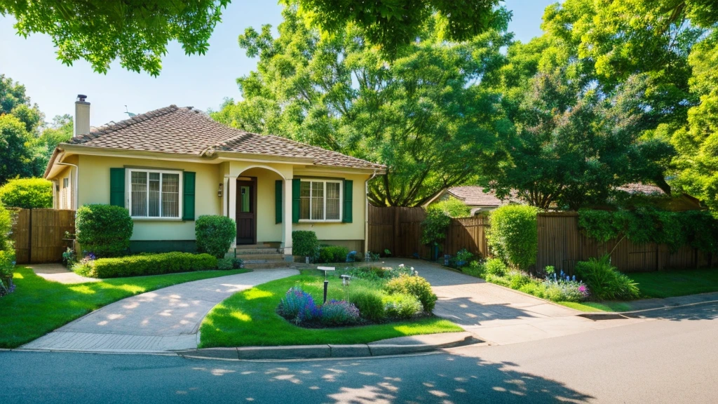 Images through the 8K lens capture stunningly beautiful nature, with a house located next to a clear blue stream. Lush green trees surround the house, lush green grass stretches under the golden sunlight, creating a peaceful and quiet scene. The clear blue sky, without a single cloud, highlights the natural beauty. High image quality with clear, realistic and vivid details, fresh green color scheme, creating a feeling of freshness and vitality.