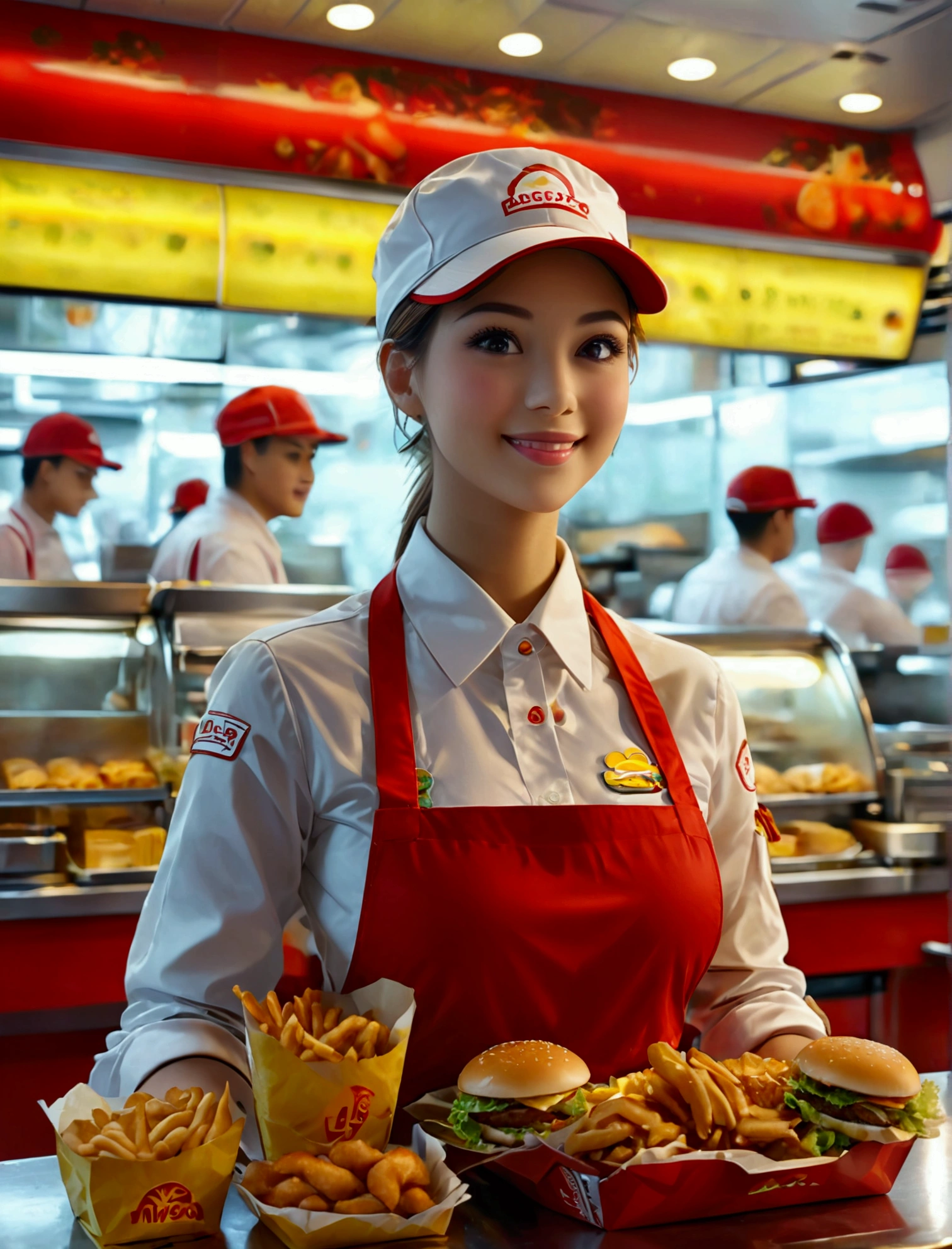 Beautiful McDonald's Employee:

In a striking red and yellow uniform, a radiant young woman stands, showcasing her radiant smile. Her skin is naturally glowing, highlighting her youthful charm. She adopts a poised pose, exuding confidence and warmth. This image is of the highest quality, a true masterpiece in digital art, worthy of being an NFSW 8K wallpaper. The details are astonishing, from the intricate patterns on her uniform to the individual strands of her wavy, honey-blond hair. The background is simple, allowing her to truly stand out. This is an Official art, meticulously crafted in Unity, showcasing an
