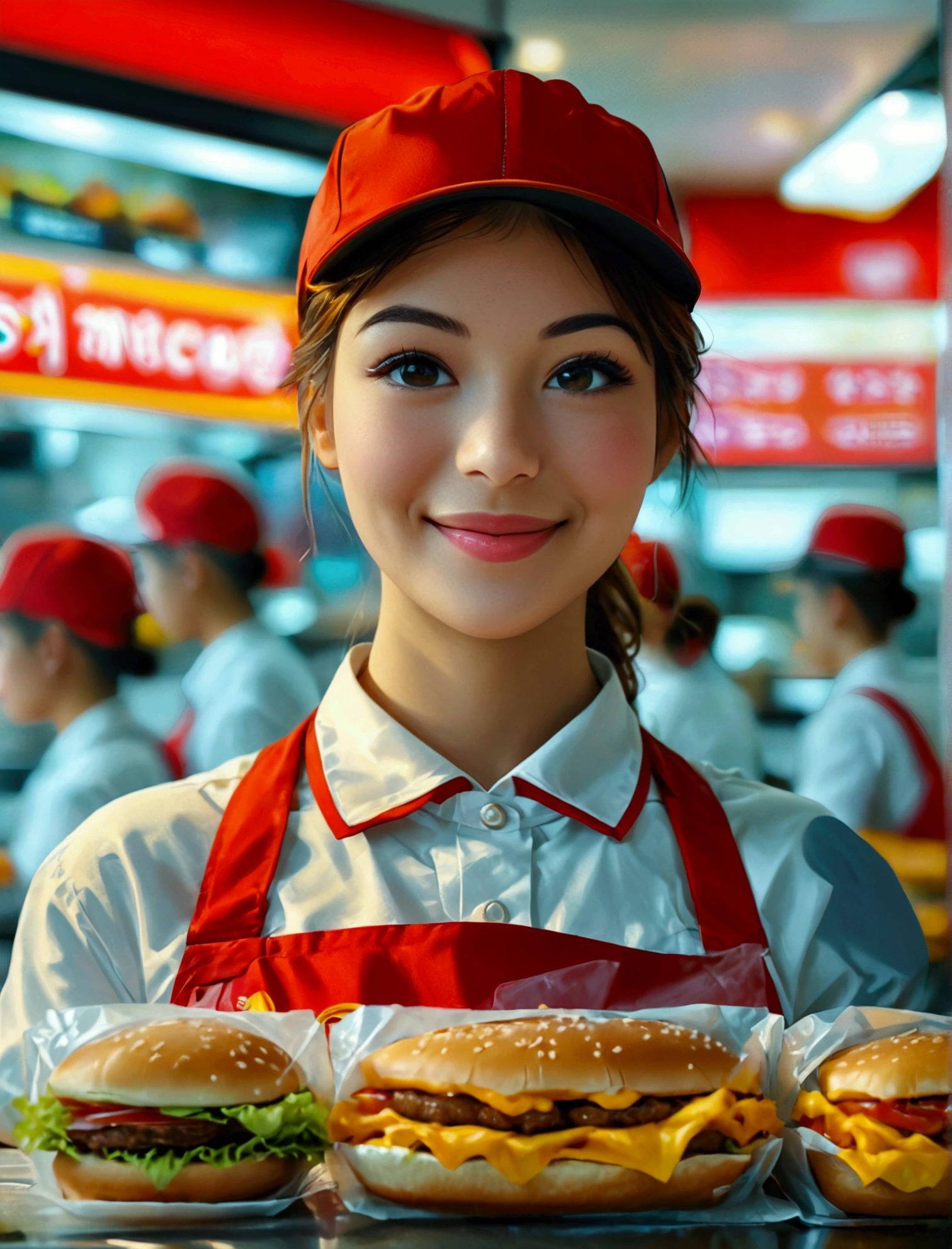 Beautiful McDonald's Employee:

In a striking red and yellow uniform, a radiant young woman stands, showcasing her radiant smile. Her skin is naturally glowing, highlighting her youthful charm. She adopts a poised pose, exuding confidence and warmth. This image is of the highest quality, a true masterpiece in digital art, worthy of being an NFSW 8K wallpaper. The details are astonishing, from the intricate patterns on her uniform to the individual strands of her wavy, honey-blond hair. The background is simple, allowing her to truly stand out. This is an Official art, meticulously crafted in Unity, showcasing an