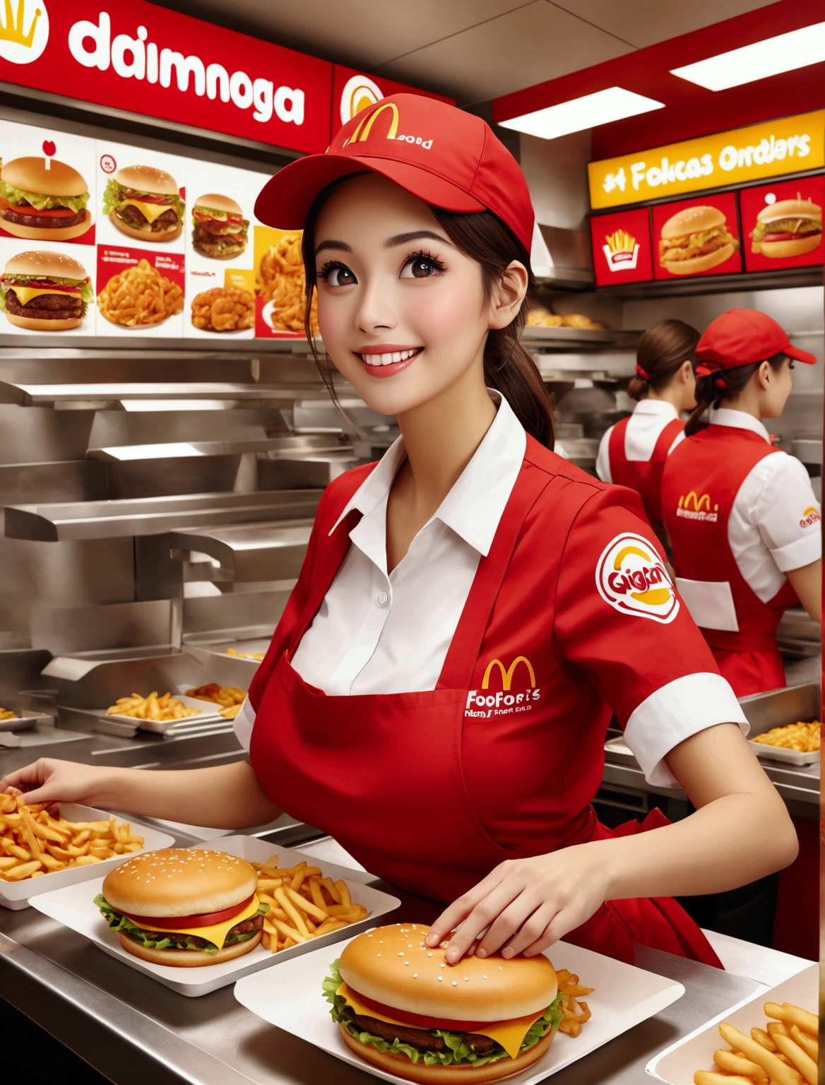 Beautiful McDonald's Employee:

In a striking red and yellow uniform, a radiant young woman stands, showcasing her radiant smile. Her skin is naturally glowing, highlighting her youthful charm. She adopts a poised pose, exuding confidence and warmth. This image is of the highest quality, a true masterpiece in digital art, worthy of being an NFSW 8K wallpaper. The details are astonishing, from the intricate patterns on her uniform to the individual strands of her wavy, honey-blond hair. The background is simple, allowing her to truly stand out. This is an Official art, meticulously crafted in Unity, showcasing an