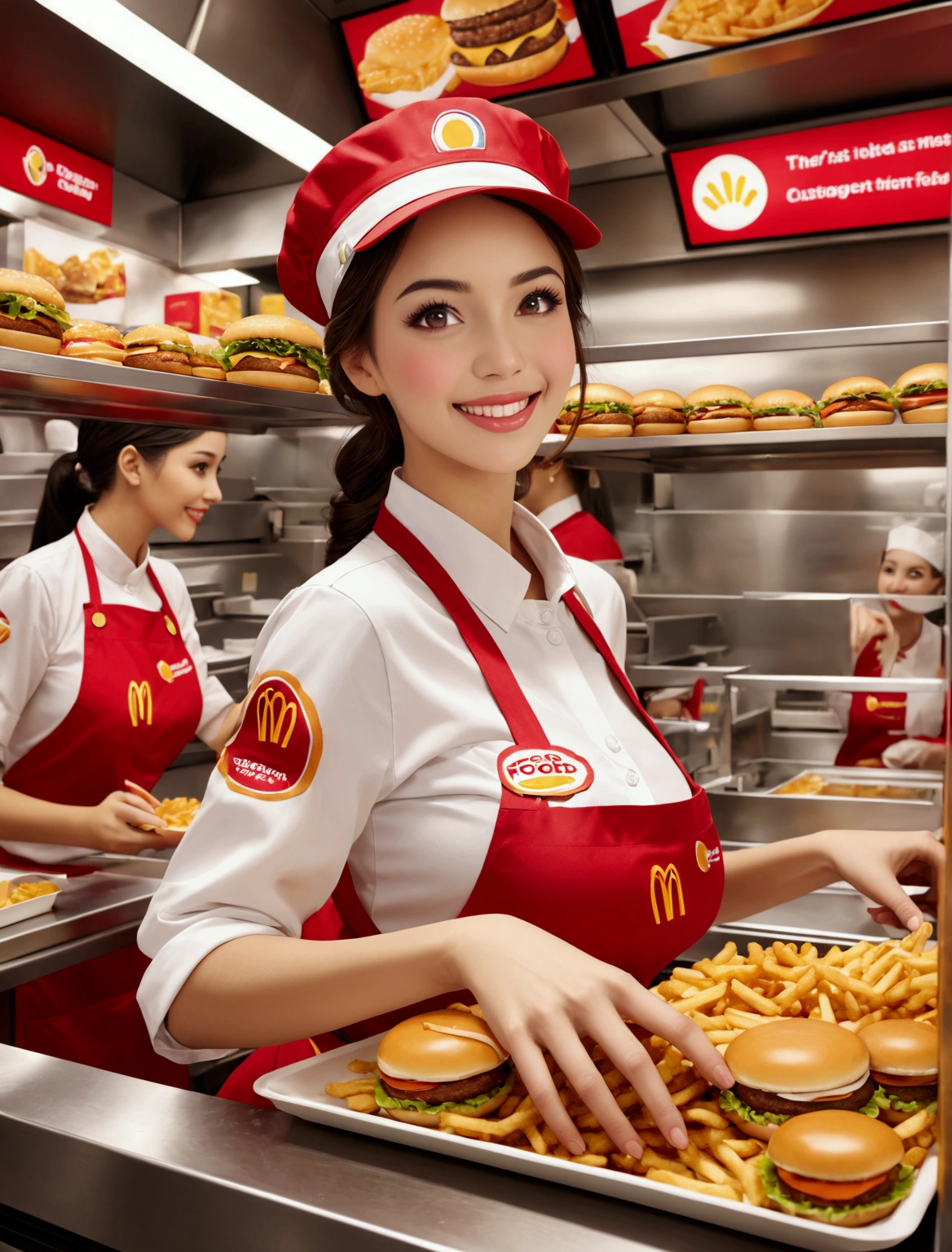 Beautiful McDonald's Employee:

In a striking red and yellow uniform, a radiant young woman stands, showcasing her radiant smile. Her skin is naturally glowing, highlighting her youthful charm. She adopts a poised pose, exuding confidence and warmth. This image is of the highest quality, a true masterpiece in digital art, worthy of being an NFSW 8K wallpaper. The details are astonishing, from the intricate patterns on her uniform to the individual strands of her wavy, honey-blond hair. The background is simple, allowing her to truly stand out. This is an Official art, meticulously crafted in Unity, showcasing an