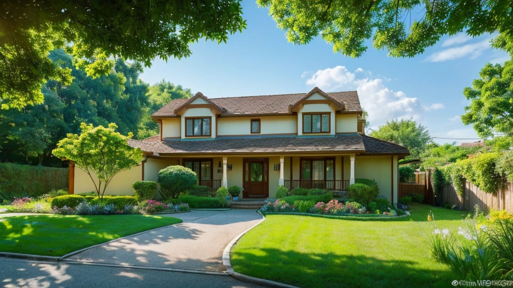 Images through the 8K lens capture stunningly beautiful nature, with a house located next to a clear blue stream. Lush green trees surround the house, lush green grass stretches under the golden sunlight, creating a peaceful and quiet scene. The clear blue sky, without a single cloud, highlights the natural beauty. High image quality with clear, realistic and vivid details, fresh green color scheme, creating a feeling of freshness and vitality.