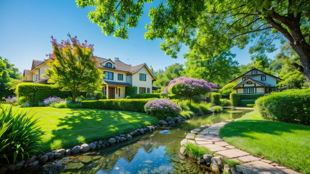 Images through the 8K lens capture stunningly beautiful nature, with a house located next to a clear blue stream. Lush green trees surround the house, lush green grass stretches under the golden sunlight, creating a peaceful and quiet scene. The clear blue sky, without a single cloud, highlights the natural beauty. High image quality with clear, realistic and vivid details, fresh green color scheme, creating a feeling of freshness and vitality.