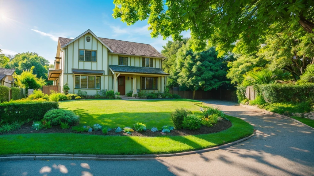 Images through the 8K lens capture stunningly beautiful nature, with a house located next to a clear blue stream. Lush green trees surround the house, lush green grass stretches under the golden sunlight, creating a peaceful and quiet scene. The clear blue sky, without a single cloud, highlights the natural beauty. High image quality with clear, realistic and vivid details, fresh green color scheme, creating a feeling of freshness and vitality.