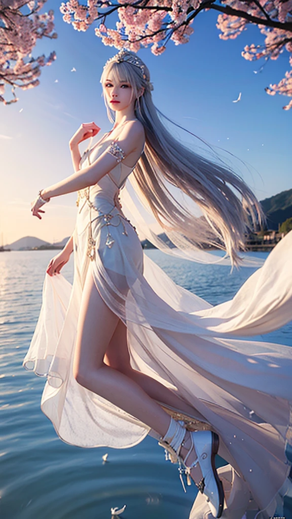 Starry night,tall and beautiful girl, white gown, swans, flowers in hand, Wearing jewellery, Middle of lake,colorless crystal made shoes,rings,bracelet,white hair, fair white skin, detailed art, 3d,8k;high resolution, High quality, photography, Character, model,clothes from up to down, ancient dancing pose