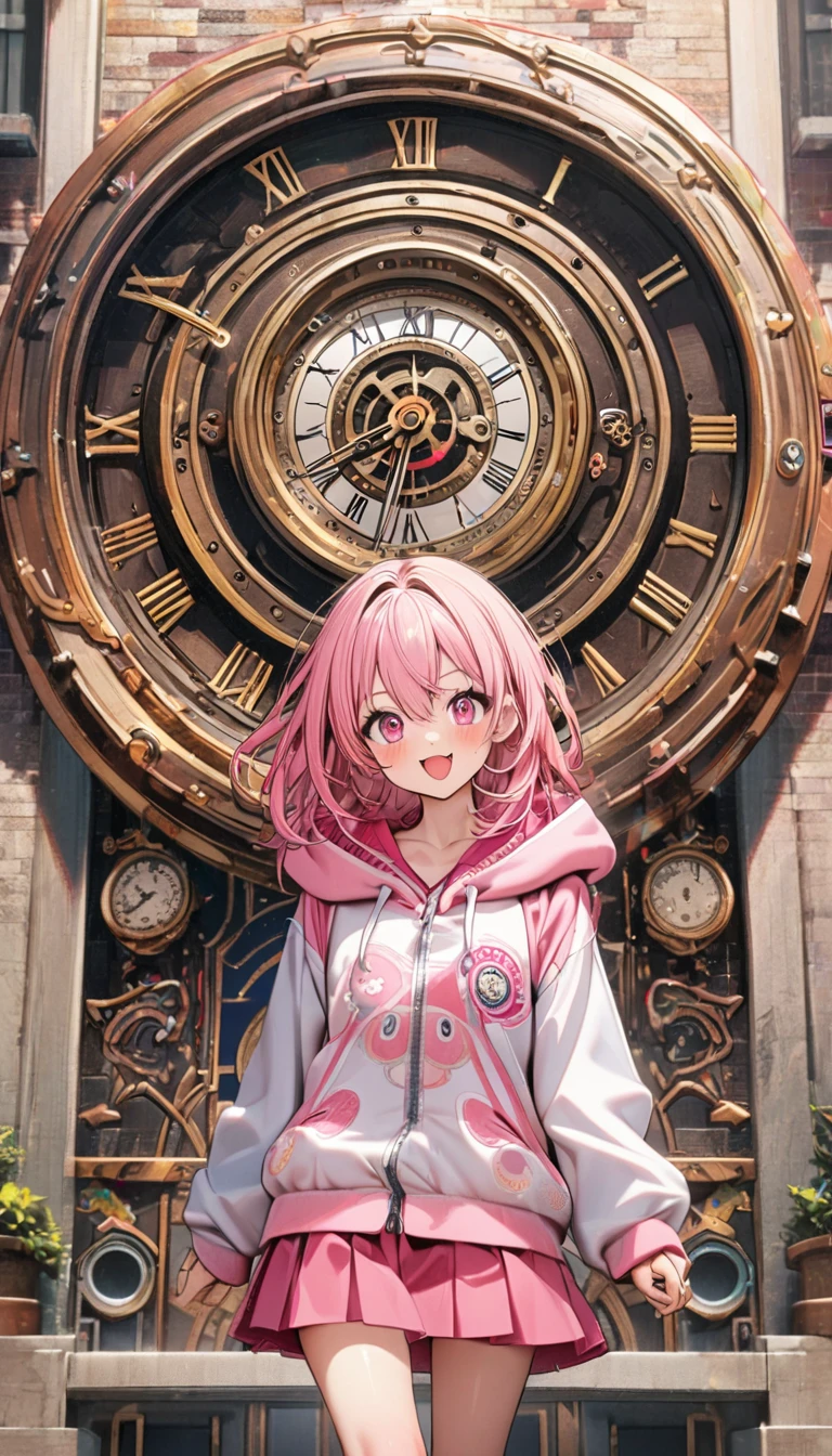 1 boy, ,white blazer on top of a pink cute hoodie ,pink eyes that have clock like design highly detailed,pink hair,cute joyful expression , standing ,8k,highly detailed eyes with clock design,