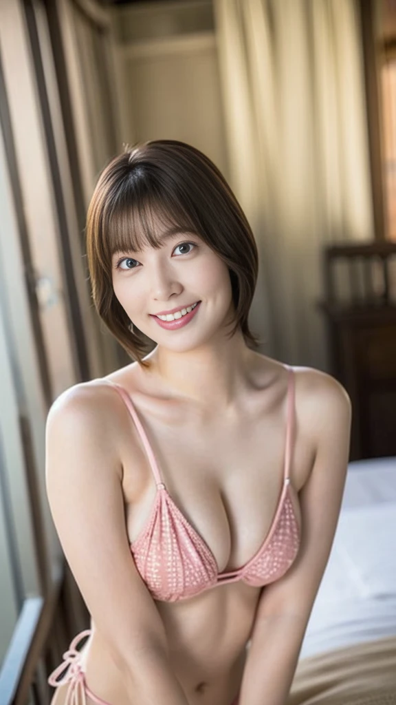 One woman、Japanese women、25-year-old woman、Looking at me with a smile、Front view、Realistic、((Medium breast、beautiful胸、D cup bust))、Realistic skin texture、beautiful、Balanced body、Fascinating、((Micro Bikini、String Bikini:1.1))、Focus on face and chest、In close range、Standing pose、(Highest quality、masterpiece、超Realistic、Ultra-high resolution、high resolution:1.2)、Short Bob Hair、Dark brown hair、Anatomically correct、Perfect limbs、Cleavage、Detailed face、Light makeup、Pink lip、Pretty face、barefoot、Beautiful clavicle、Good smile、Slim figure、Clear photos、(((In the open cottage room、Southern island resort、In a big bed、Lace curtains and a balcony view)))、Professional Lighting、Shooting with a mirrorless camera、(Photos with a sense of depth:1.2)、Height: 157cm、Very small bikini