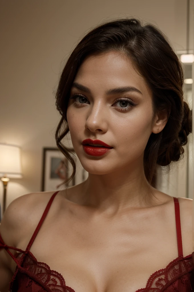 a hot woman, red lips, super fine face, sex tendency