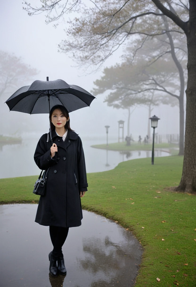 masterpiece, best quality,rain, in the rain, 1 short woman, 36 year old Korean Japanese woman, thick foggy park, looking at viewer, black coat, Full body shot with Canon camera 16-35 wide angle lens, I see a foggy lake