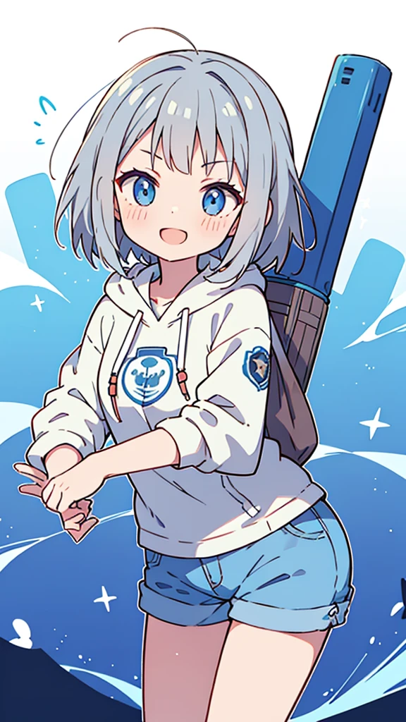masterpiece、Very detailed、(One Girl:1.2)、Gray Hair、hoodie、Big eyes、Close-up、Laughter、、short hair、Gray shorts、(((Anime Style)))、Shining Eyes、Open your mouth,Blue Eyes、smug face