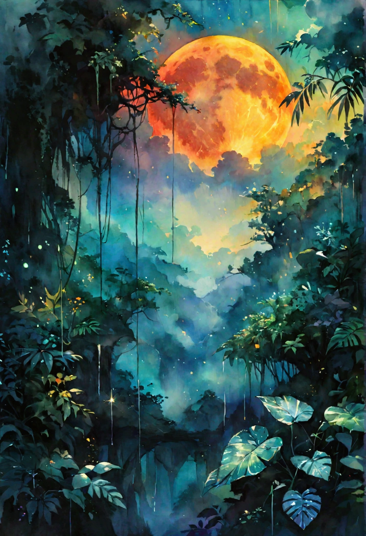 "Create an epic rainforest landscape in watercolor and metallic ink, inspired by the styles of JB Waterhouse, Carne Griffiths, and Liu Kuo-Sung. Depict a cinematic, glowing sunset transitioning into nighttime, featuring a dramatic blood moon. Illuminate the scene with vibrant, colorful sky tones and constellations in a crystal-clear sky. Incorporate mystic fog and dark shadows to enhance the atmosphere. Showcase lush jungle vegetation with dew-covered leaves and lustrous waters. Include particles floating in the air and hints of fire. Emphasize the magical quality of the painting by portraying the setting sun emerging from behind clouds, creating a grand and awe-inspiring composition. The overall effect should evoke a sense of wonder and mystery in this summerscape."