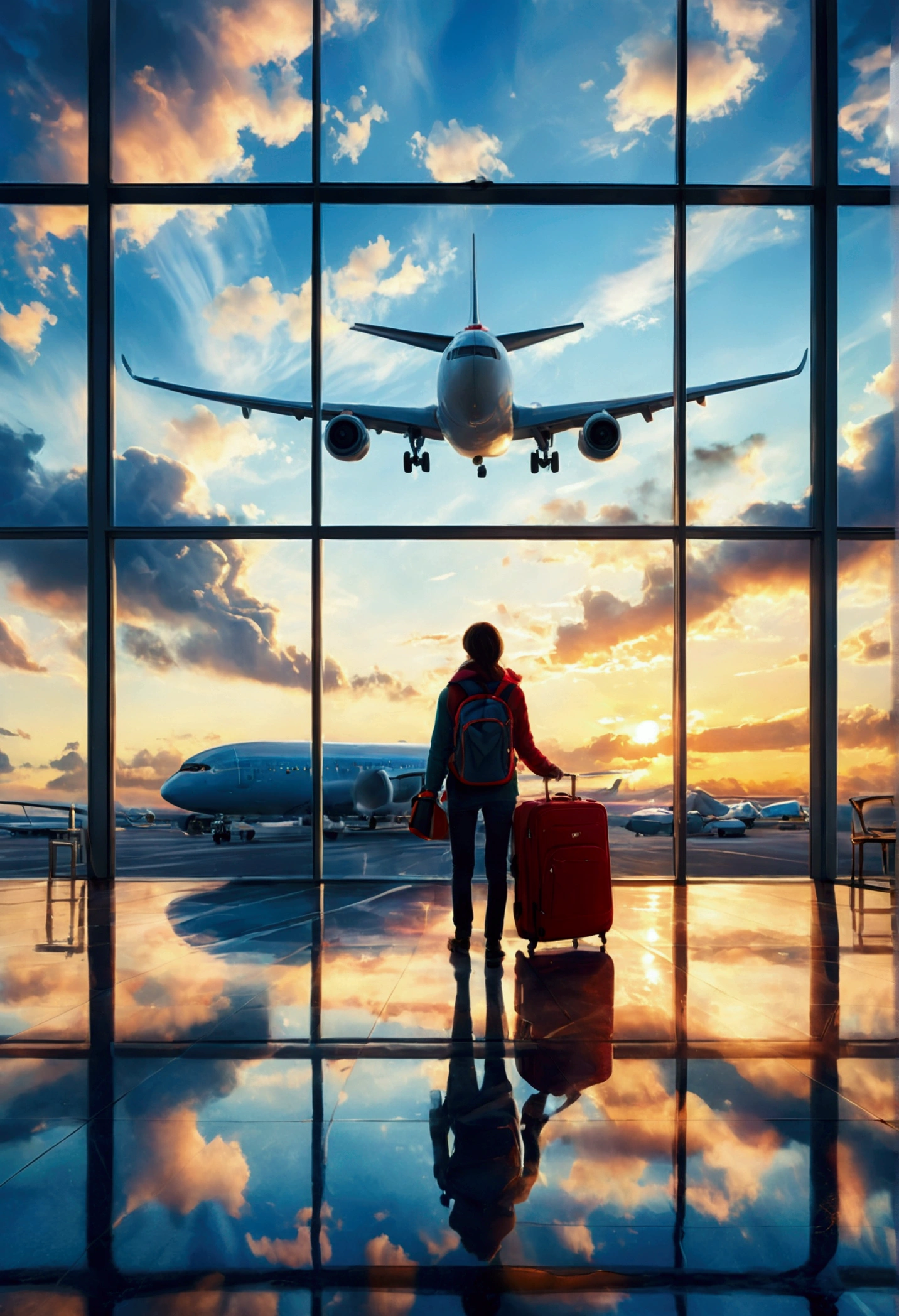 Create an intricate and vivid illustration of a scene set in an airport, viewed from inside a large glass window. The sky outside is a vibrant blue, filled with large, fluffy clouds, creating a stunning contrast against the azure background. The scene captures a beautiful gradient of blue hues, with clouds illuminated by bright sunlight, making them appear almost ethereal. In the foreground, a young traveler stands with their back to the viewer, looking out the window. The traveler has a backpack and is holding a red suitcase, adding a pop of color to the scene. They are dressed in a warm coat, suggesting a journey ahead. High above in the sky, an airplane is seen flying among the clouds, its contrail cutting through the sky, adding a sense of motion and adventure. The reflection of the traveler and the vibrant sky can be seen on the polished floor, adding depth to the image. The overall atmosphere of the scene should evoke feelings of wonder, anticipation, and the excitement of travel, with a focus on the breathtaking view of the sky and the dreamy quality of the clouds.