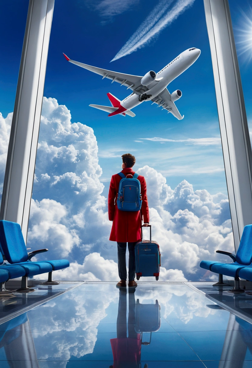 Create an intricate and vivid illustration of a scene set in an airport, viewed from inside a large glass window. The sky outside is a vibrant blue, filled with large, fluffy clouds, creating a stunning contrast against the azure background. The scene captures a beautiful gradient of blue hues, with clouds illuminated by bright sunlight, making them appear almost ethereal. In the foreground, a young traveler stands with their back to the viewer, looking out the window. The traveler has a backpack and is holding a red suitcase, adding a pop of color to the scene. They are dressed in a warm coat, suggesting a journey ahead. High above in the sky, an airplane is seen flying among the clouds, its contrail cutting through the sky, adding a sense of motion and adventure. The reflection of the traveler and the vibrant sky can be seen on the polished floor, adding depth to the image. The overall atmosphere of the scene should evoke feelings of wonder, anticipation, and the excitement of travel, with a focus on the breathtaking view of the sky and the dreamy quality of the clouds.