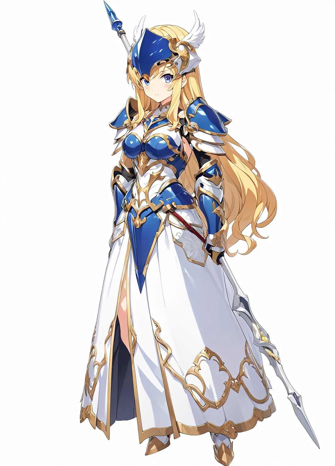 Highest quality, high resolution, High quality game art style, whole body,Valkyrie,Official Art, Smooth game CG art,Cute 3D anime girl render, Visual Novel Sprites, White background,Smooth game CG art, (((Woman with a long spear))),A woman wearing a white dress and blue armor, An intricately designed helmet with white feathers,Small shield, (((Has an exquisite long spear))),Exquisite Blue Armor,Golden Hair, long hair, female knight, Rin々Shii,Large Bust,17 years old,