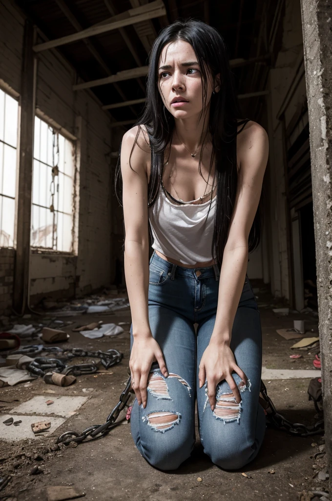 White woman, long, dirty black hair. She is kneeling with her head down, suffering and looking very weak, bound by her wrists by chains coming from the ceiling. She is wearing dirty, torn jeans and a dirty, torn white blouse. The setting is an abandoned and dark warehouse.
