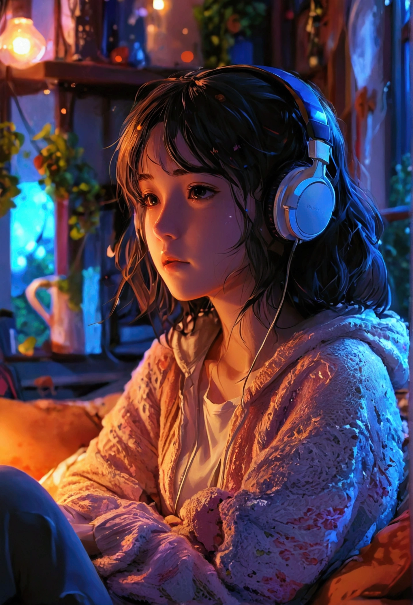 night、Girl listening to music in a cozy room, Usando Furnes de Ubiedo, 2D Style Anime, Lo-Fi, hard disk, Dark Environment